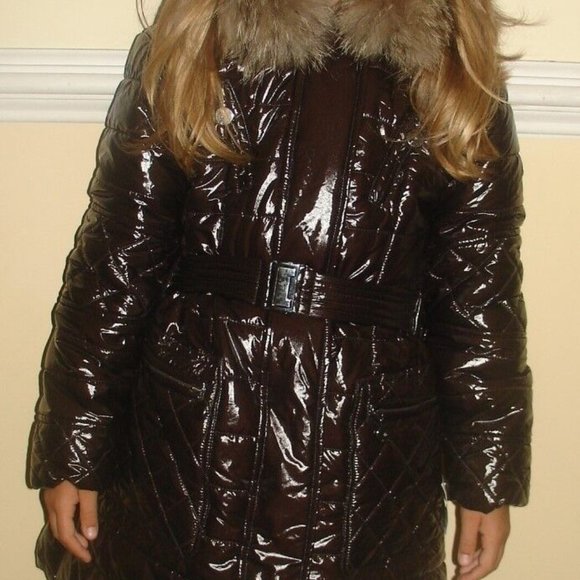 NWT ELSYGIRL RemovableFurHoodPufferShinyJacketCoatParkaBrownItalianDesig… - Picture 2 of 12